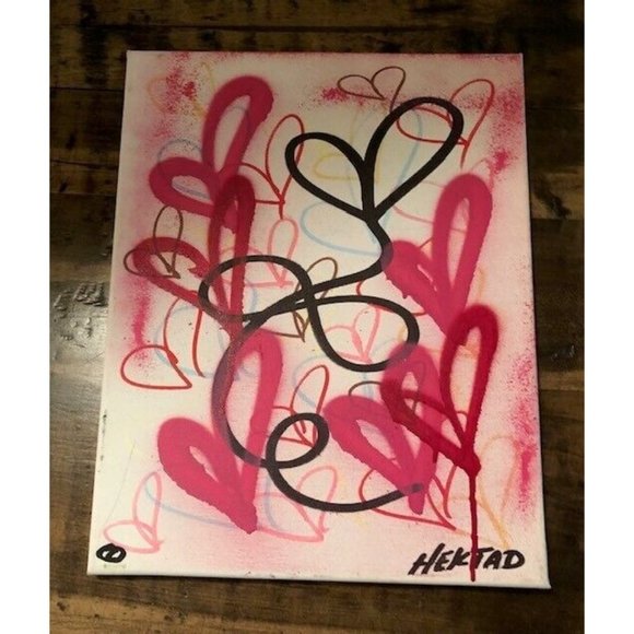 RARE HEKTAD 2017 GRAFFITI ART PINK AND BLACK HEARTS 11" X 14" ORIGINAL PAINTING - Picture 2 of 6